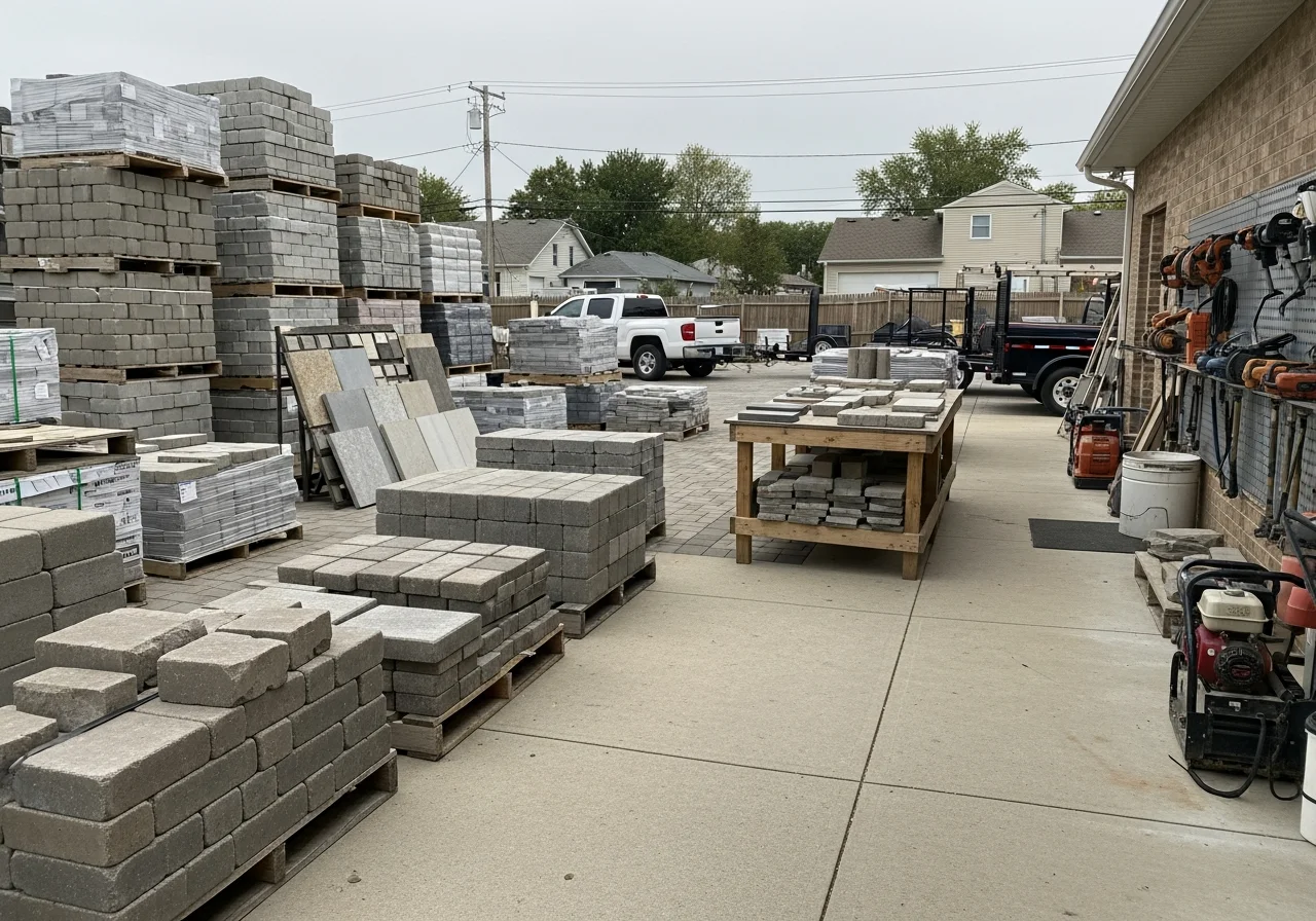 Professional hardscape crew with tools and equipment ready for patio, driveway, and pool installation work.