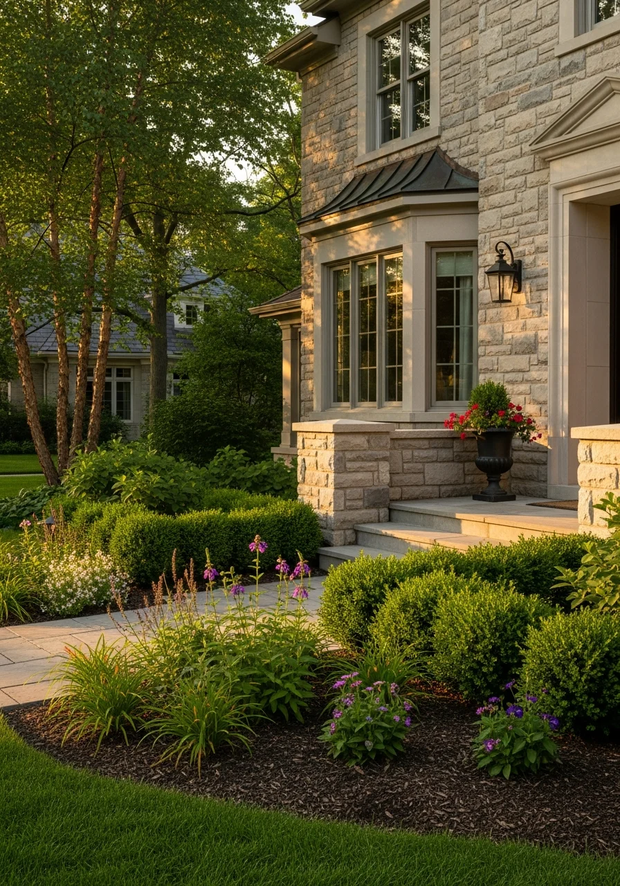 Hinsdale property detail showing manicured hedges, flowering gardens, and the home's architectural stonework.