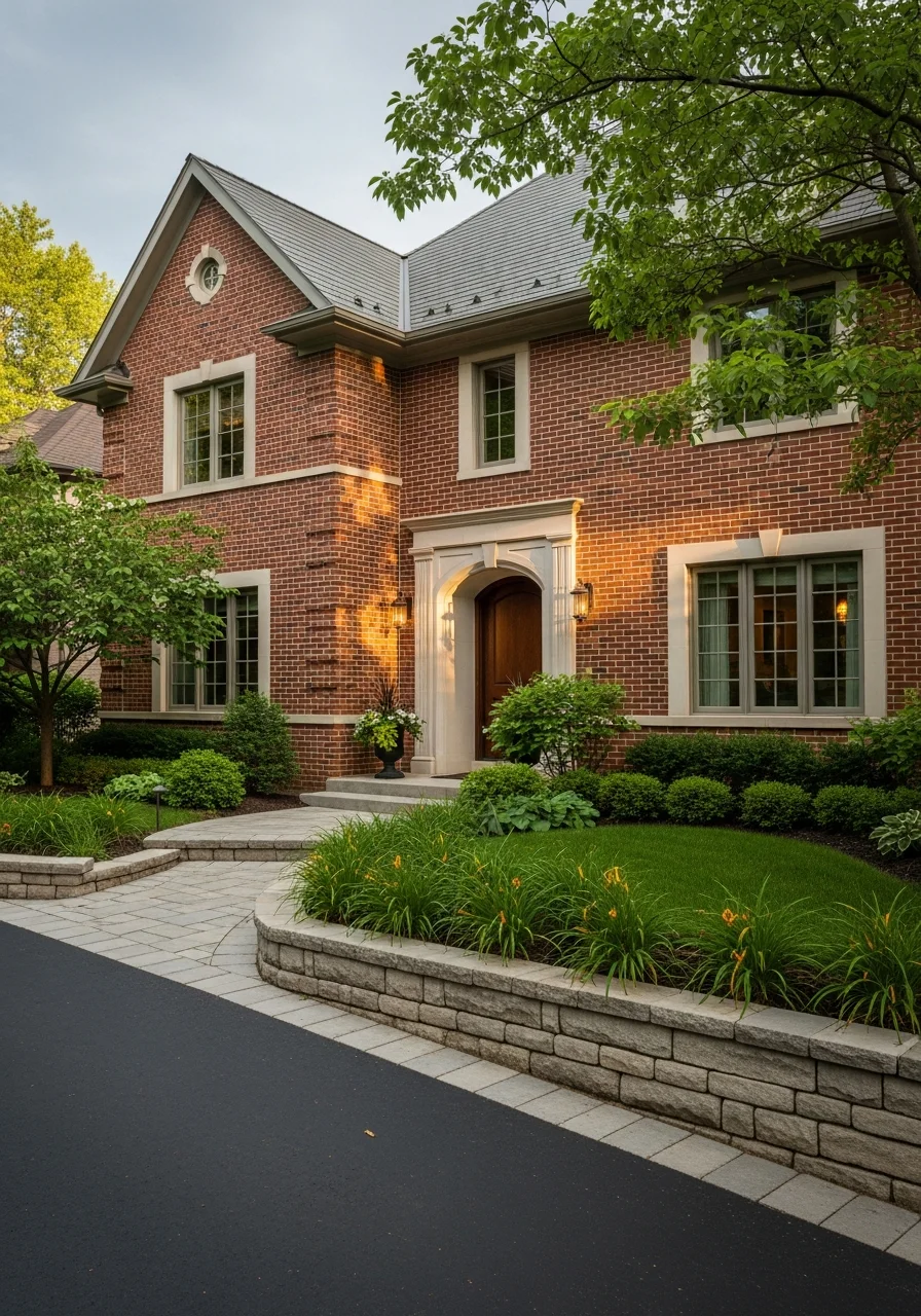 La Grange home detail showing architectural stonework, a welcoming entrance, and established landscaping.