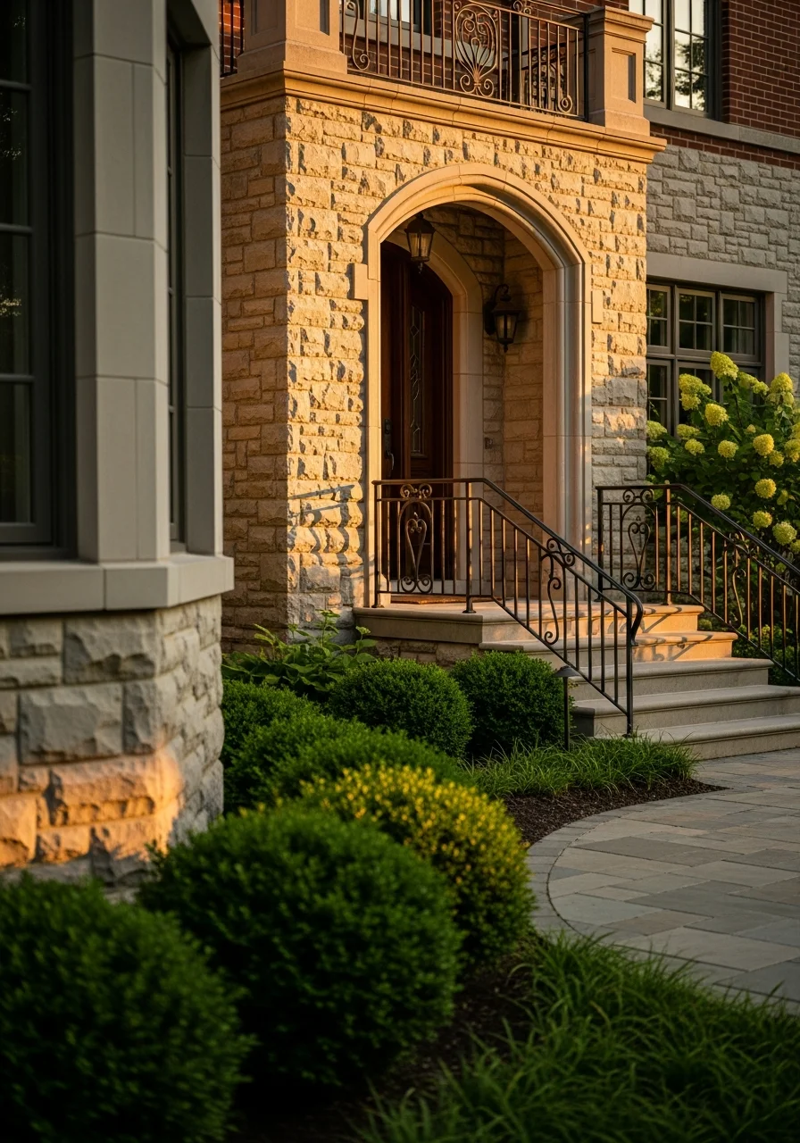 Close-up of a historic River Forest home's front entrance with detailed stonework and a welcoming front porch.