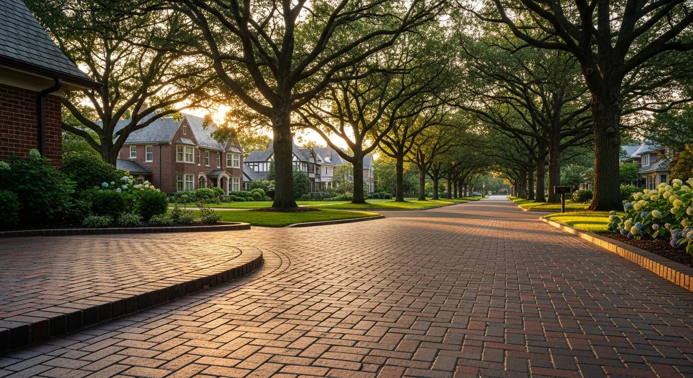 Wide tree-lined street in River Forest with large brick homes set back from the road, mature oak trees creating a canopy overhead.