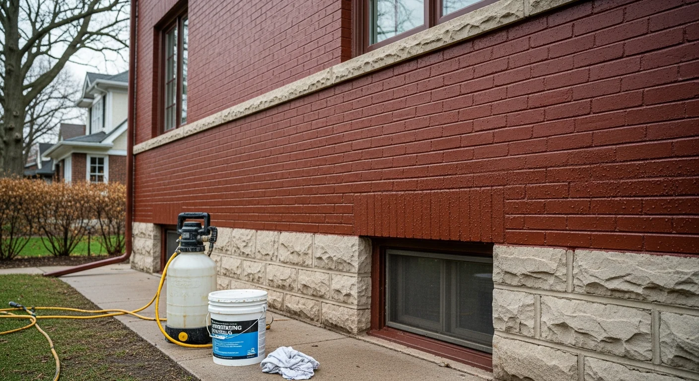 A masonry contractor applying clear penetrating sealer to the brick exterior wall of an early 20th-century home in River Forest, Illinois. The brick surface is clean and dry, with visible mortar joints in good condition.