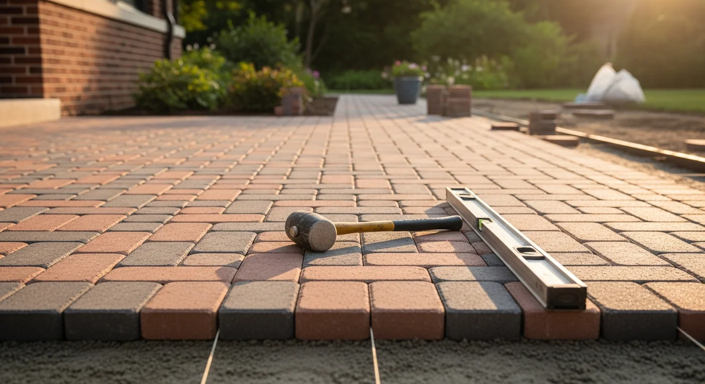 A newly installed brick patio in a River Forest, IL backyard, showing a uniform herringbone pattern with clean edge restraints and tight joints. The patio extends from the rear of a traditional two-story home with mature trees lining the property.