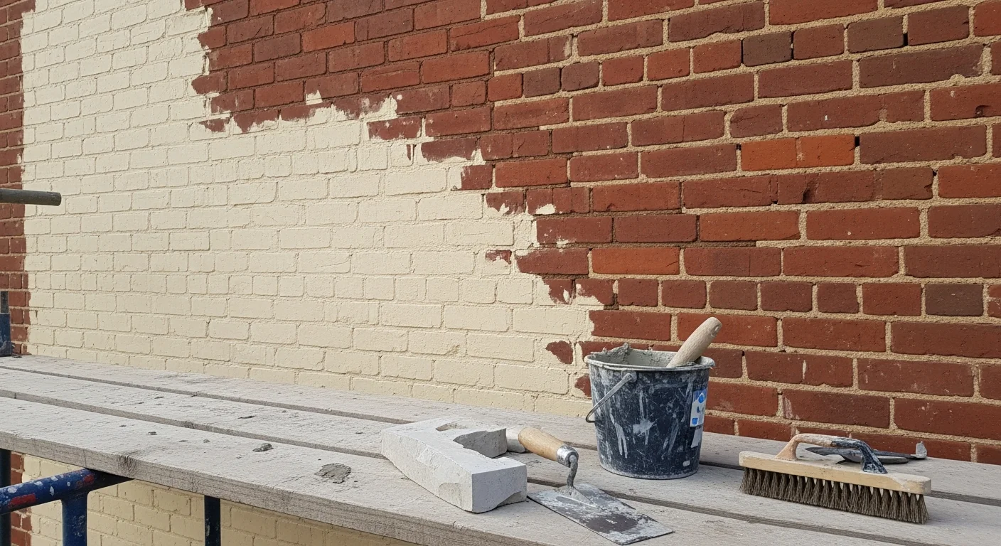 A masonry contractor repointing deteriorated mortar joints on the brick exterior of an early 20th-century River Forest home. Close-up view shows freshly applied mortar alongside aged brick on a residential facade.