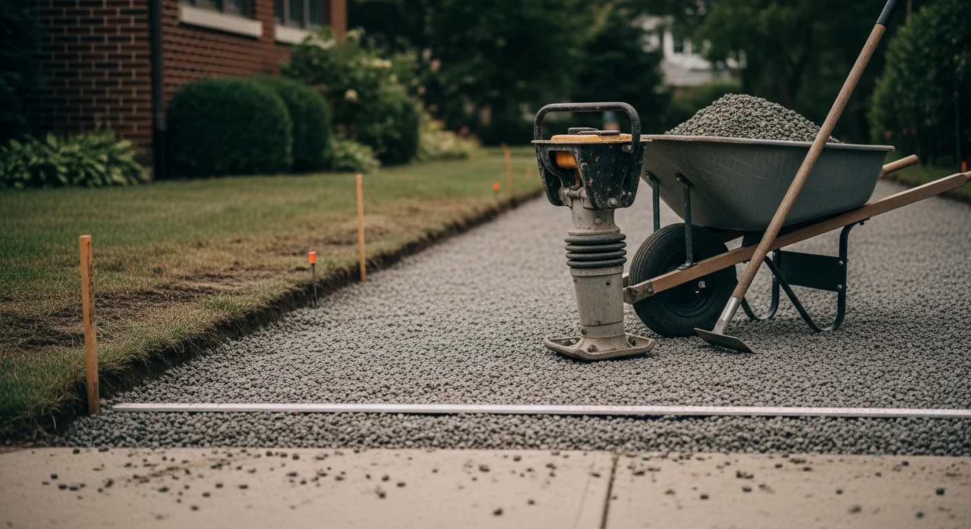 A newly installed residential driveway in River Forest, Illinois, leading to an attached garage on a single-family lot with a clean finished edge and level surface. The surrounding landscaping and historic-style home exterior reflect the architectural character common to River Forest properties.