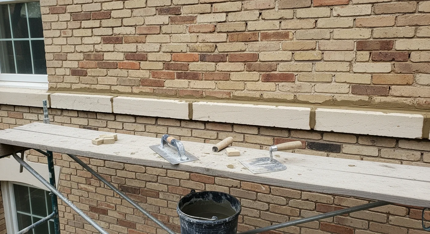 Close-up view of a restored brick facade on a River Forest, IL home, showing freshly pointed mortar joints and clean brick faces on an early 20th-century residential structure. A masonry contractor applies matching mortar to repaired joints along the exterior wall.