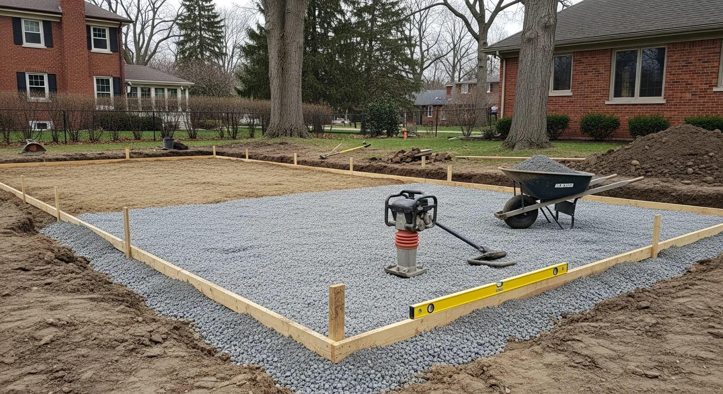 A newly installed hardscape patio in a River Forest, Illinois backyard, with clean edge restraints and a level surface bordered by mature landscaping. The patio extends from the rear of a classic brick home, showing finished jointing and proper grading away from the foundation.