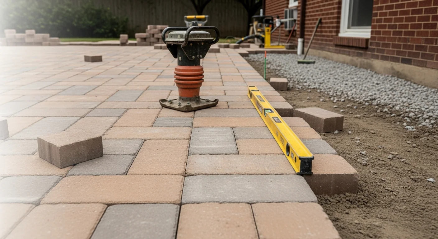 Newly installed paver driveway and front walkway at a historic single-family home in River Forest, Illinois, with clean joint lines and a compacted base visible at the edge. The paver surface connects the street to the front entry across a tree-lined River Forest lot.