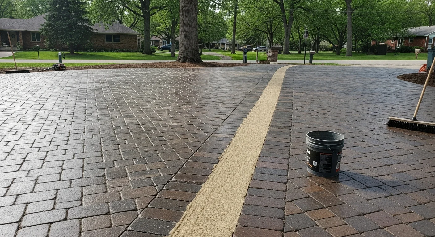 Freshly cleaned and sealed brick paver driveway at a River Forest, Illinois home, with tight joints and restored color after professional hardscape maintenance. Close-up shows uniform surface texture and no visible weed growth between pavers.