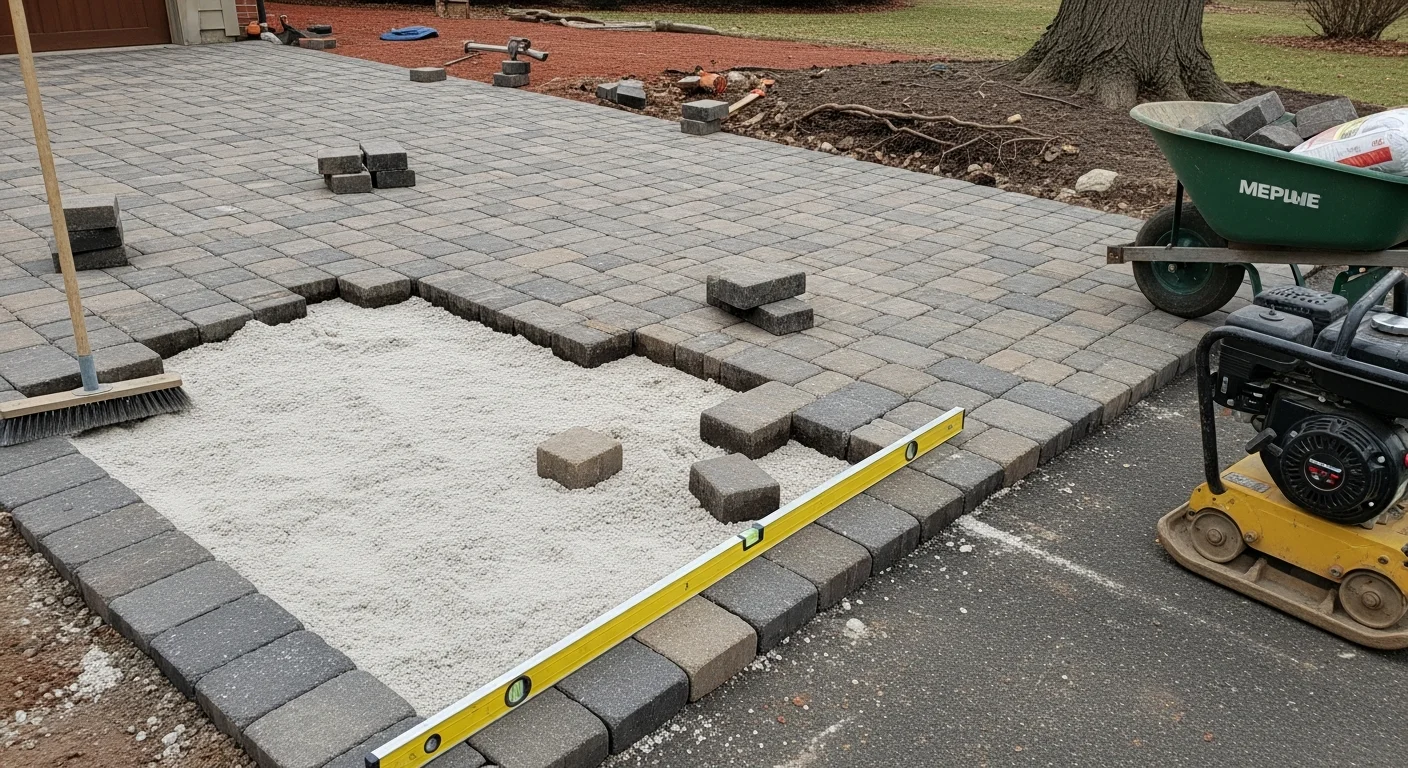 A River Forest residential paver walkway after professional repair, showing reset and releveled brick units with freshly packed joints and a flat, even surface. The repaired section blends with the surrounding original pavers alongside a mature tree-lined front yard.