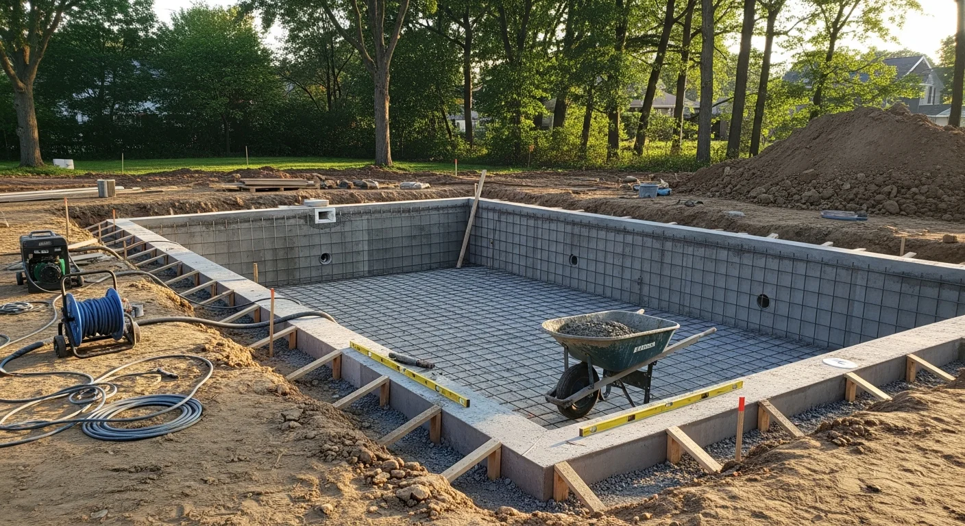 A newly constructed in-ground pool with a concrete surround in the backyard of a large single-family home in River Forest, Illinois. The pool is set within a landscaped yard typical of the village's spacious residential lots.