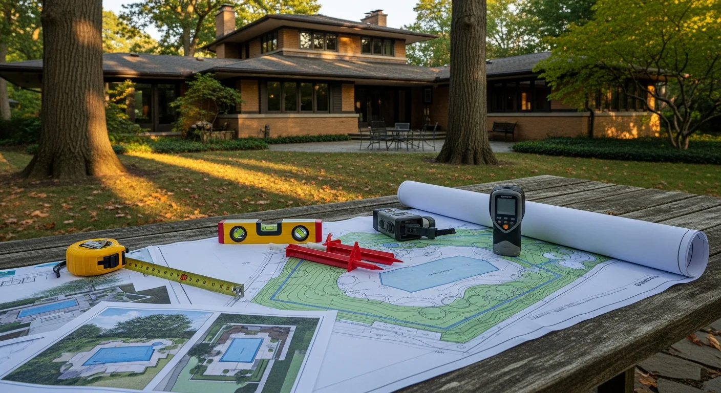 A pool contractor reviewing a custom pool layout plan with a homeowner in a River Forest backyard. The yard shows a mature tree line and a large residential lot typical of the village's historic neighborhoods.
