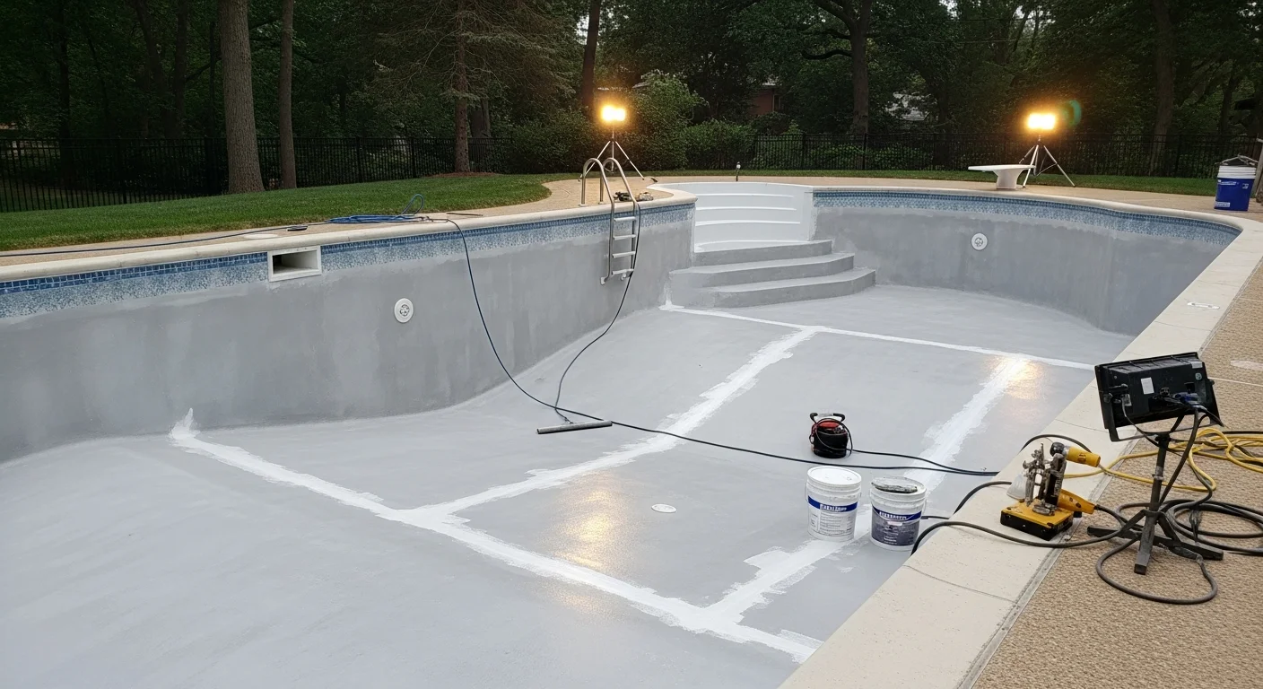 A freshly finished concrete pool in a River Forest backyard showing a smooth, evenly coated interior surface with clean water. The pool sits within a mature residential yard typical of the River Forest area.