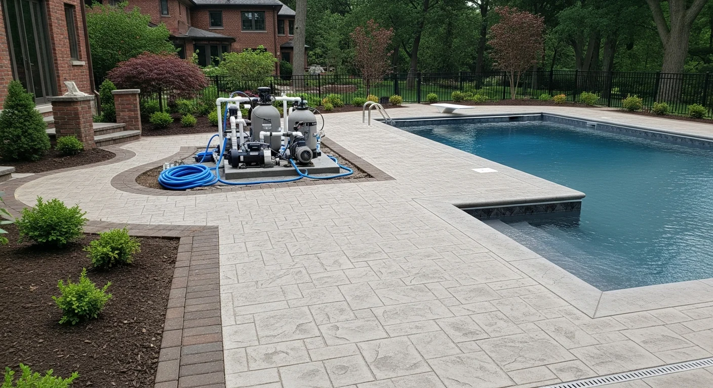 A newly installed in-ground pool in a spacious River Forest, Illinois backyard, with clean concrete coping and finished equipment pad visible along the pool edge. The surrounding yard shows undisturbed lawn and mature trees typical of a River Forest residential property.