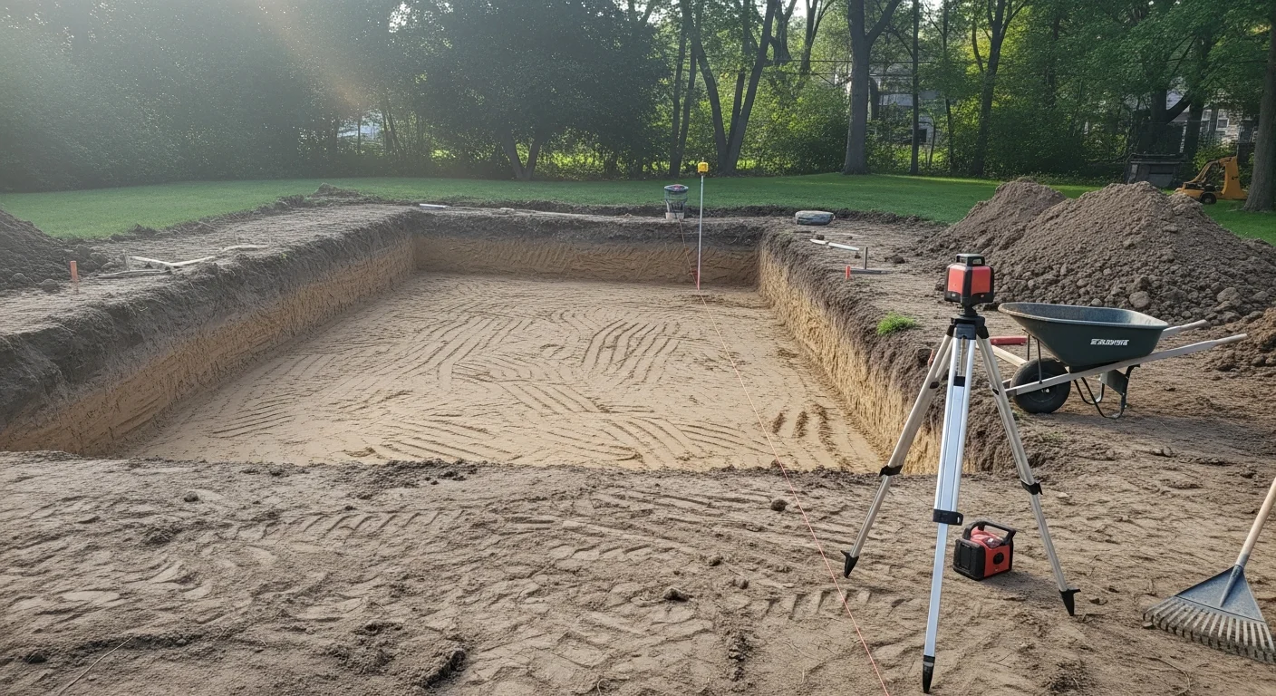 A leveled and graded residential backyard in River Forest, Illinois, cleared and ready for in-ground pool installation. Freshly excavated soil is staged at the edge of the site with visible grading work completed across the pool footprint area.