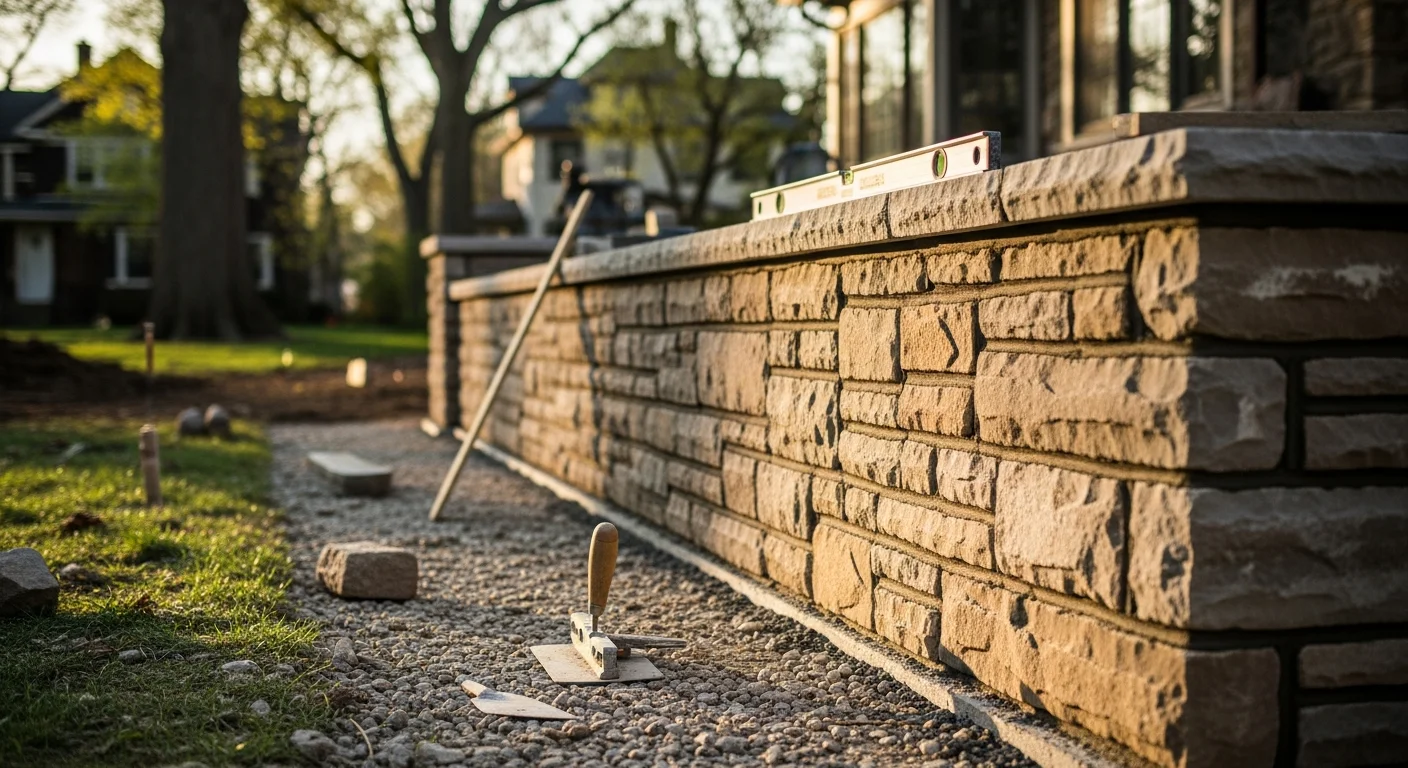 A freshly constructed natural stone boundary wall along the front yard of a historic River Forest home, with tight mortar joints and a level course line. The wall complements the home's Prairie-style architecture and tree-lined residential street setting.